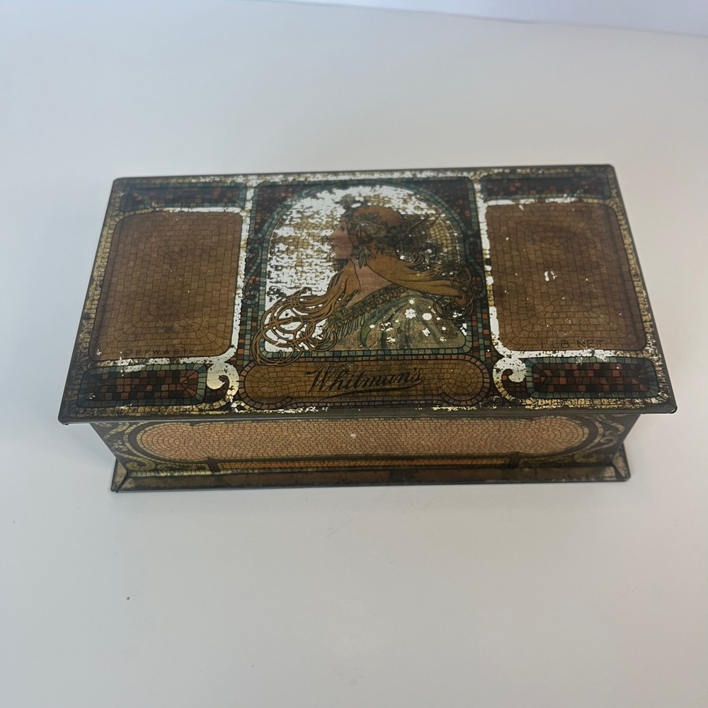 Vintage Whitman's Chocolate Tin Art Nouveau Mosaic Woman Profile Metal Box 7 iN‎